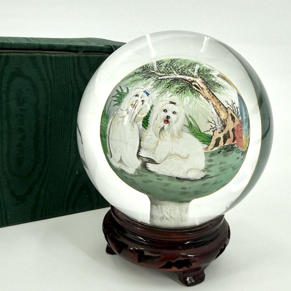 VTG Handpainted Crystal Paperweight Maltese Yorkie Terrier Dog Themed Orig.Box